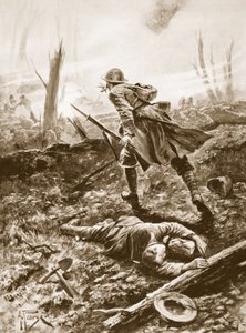 Le soldat T.G. Turrall gardant un officier blessé et tenant sa position sous le feu des mitrailleuses et des bombes